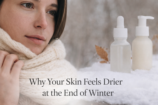 Dry winter skin concept with woman wearing scarf and skincare products representing why skin becomes drier at the end of winter.