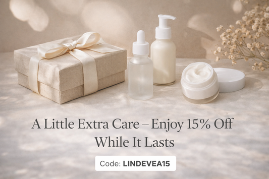 Lindevea skincare products and gift box promoting a limited time 15% off skincare offer with code LINDEVEA15.