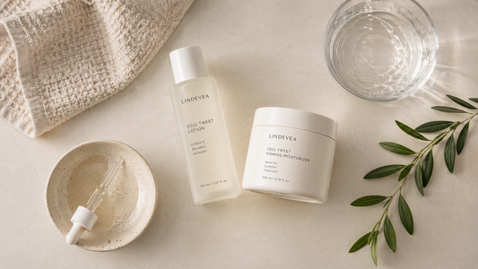 Top-down flat lay of minimal skincare products with soft natural lighting representing sensitive skin care and gentle routine