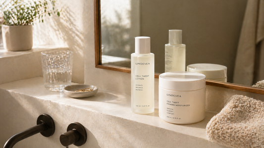Skincare products placed on a bathroom shelf with mirror reflection and soft natural light representing a gentle skincare reset routine