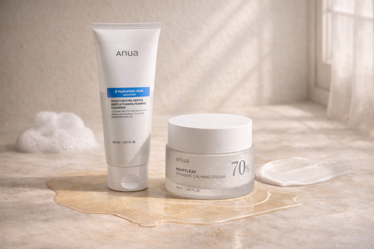 Clean skincare products with soft lighting representing oily and dehydrated skin balance and simple skincare routine