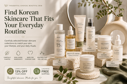 Elegant Korean skincare collections displayed on sculptural stone pedestals with soft natural lighting, representing thoughtful product discovery and everyday skincare.