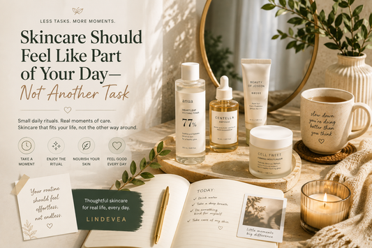 Elegant morning and evening skincare scene with Korean skincare products, warm lighting, books, tea, linen, and natural textures creating a peaceful daily ritual.