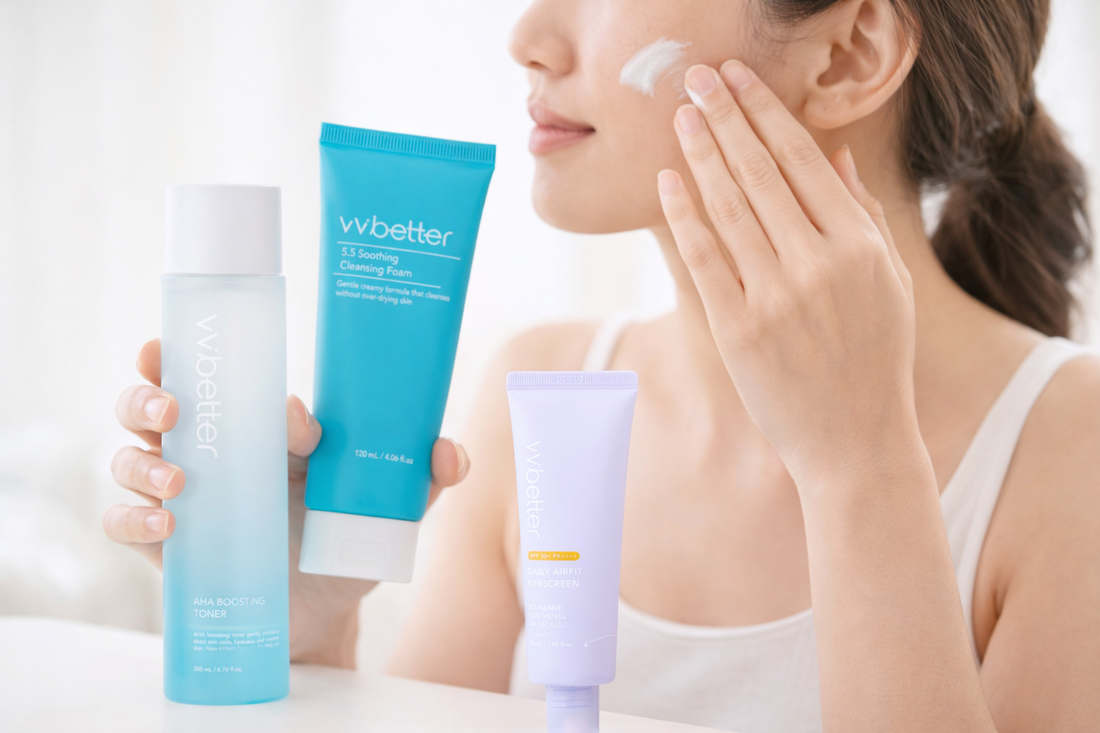 woman applying simple daily skincare routine with gentle cleanser and sunscreen