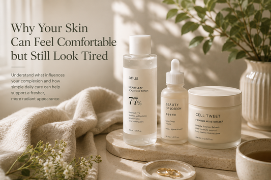 Minimal Korean skincare products arranged beside soft linen and fresh greenery in natural morning light, representing refreshed, healthy-looking skin.
