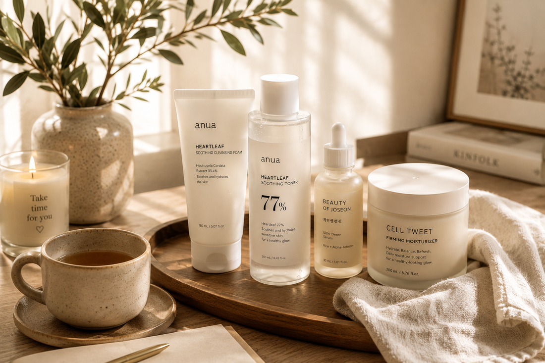 Minimal skincare products on a wooden tray beside a ceramic tea cup, folded linen towel, and soft afternoon sunlight, creating a calm self-care atmosphere.