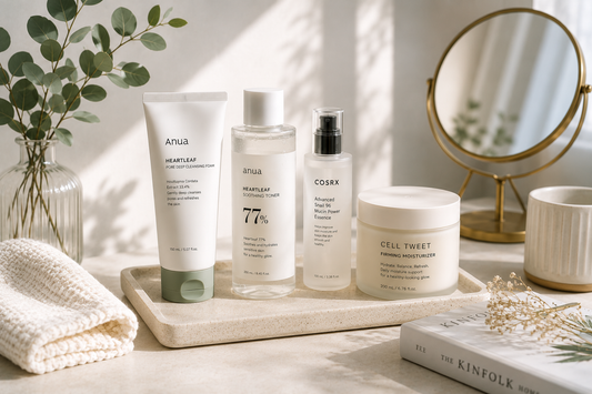 Minimal Korean skincare routine displayed on a clean vanity with only a few carefully selected products, representing simplicity and consistency.
