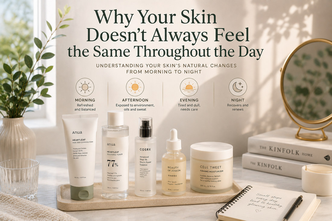 Elegant Korean skincare products arranged on a bright vanity with soft morning sunlight, representing healthy skin throughout the day.