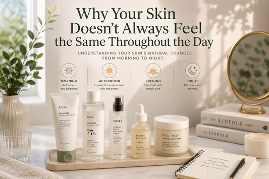 Elegant Korean skincare products arranged on a bright vanity with soft morning sunlight, representing healthy skin throughout the day.