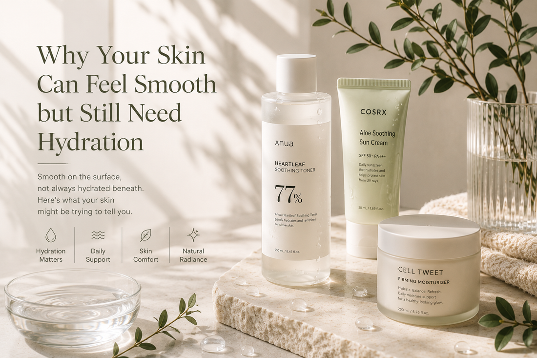 Elegant Korean skincare products on a light stone surface with water droplets and soft natural lighting, representing hydrated, healthy-looking skin.