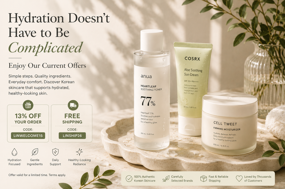 Elegant Korean skincare products arranged on a light stone tray with water droplets and soft morning light, representing simple daily hydration.