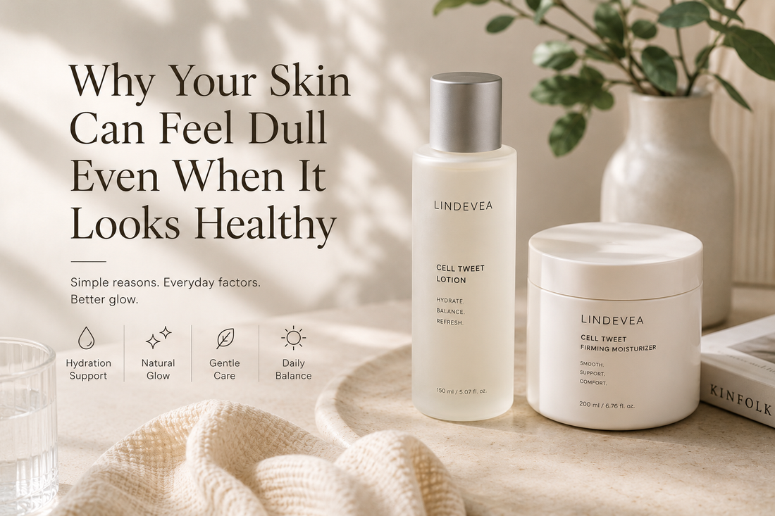 Minimal Lindevea skincare products in soft natural light representing healthy skin, dullness, hydration, and a fresher-looking glow.