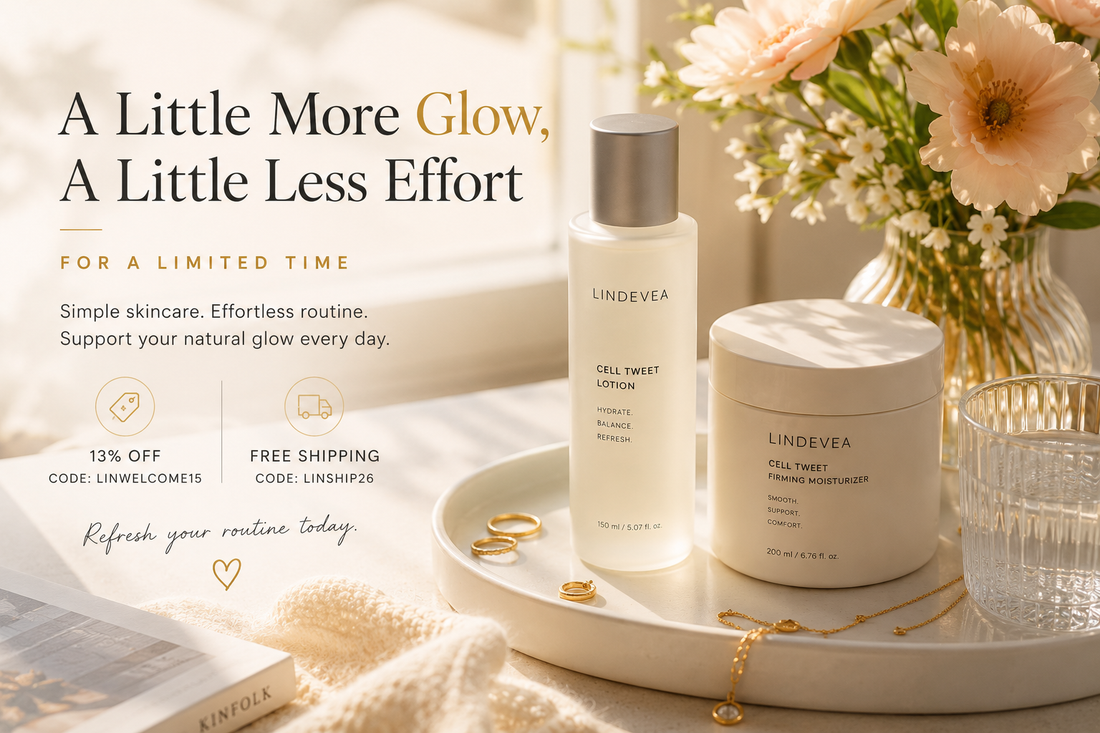 Elegant skincare products in warm natural light representing a simple glow-focused skincare routine and limited-time skincare offer.