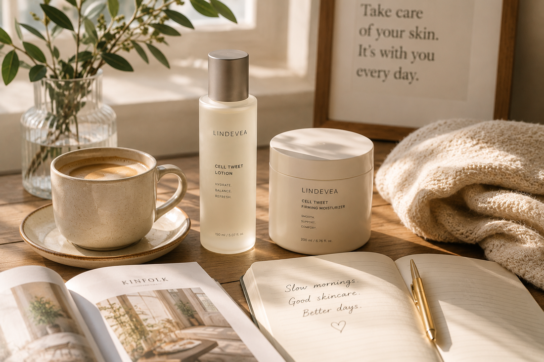 Elegant skincare products beside a morning coffee and open book in warm natural light representing skincare as part of a daily lifestyle.