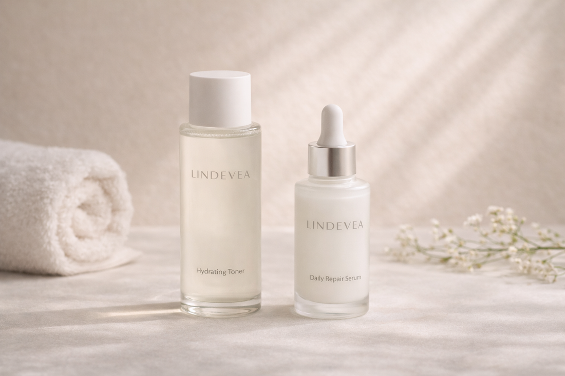 Minimal skincare routine with toner and serum in soft natural lighting representing gentle skincare and improved skin results
