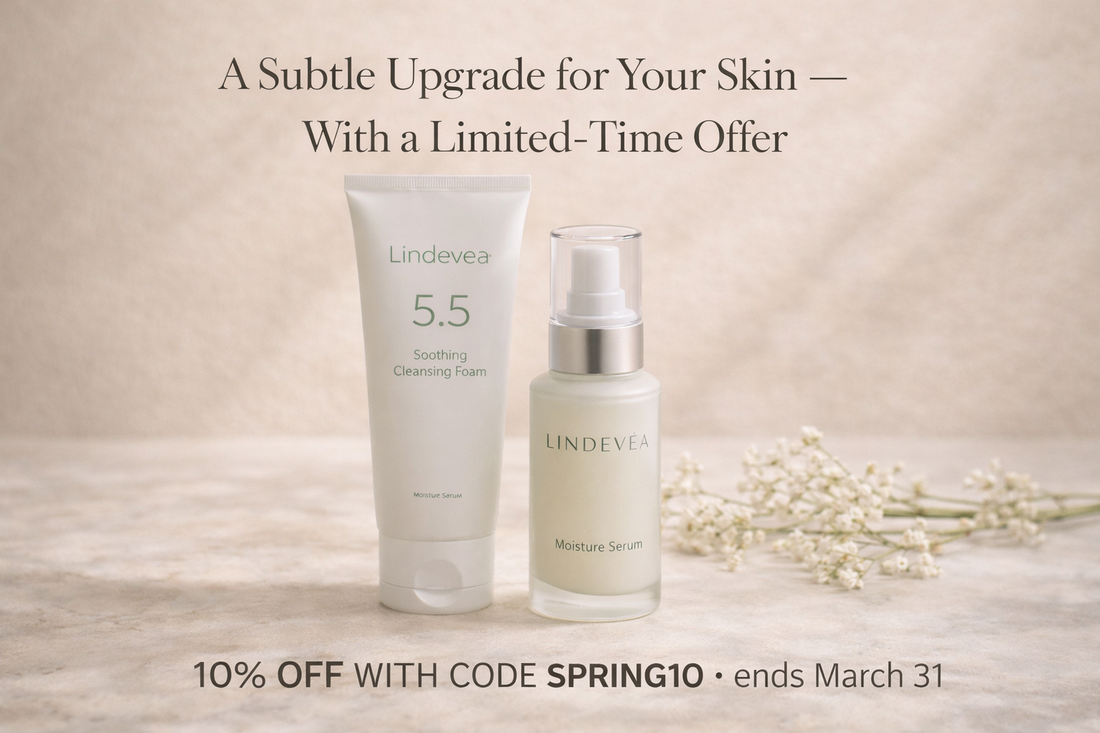 Minimal skincare products on a beige background with soft lighting representing a gentle seasonal skincare upgrade and hydration routine