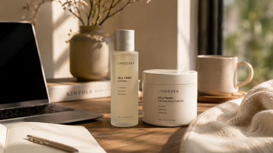 Minimal skincare products beside a laptop in warm indoor lighting representing skincare support during long indoor days
