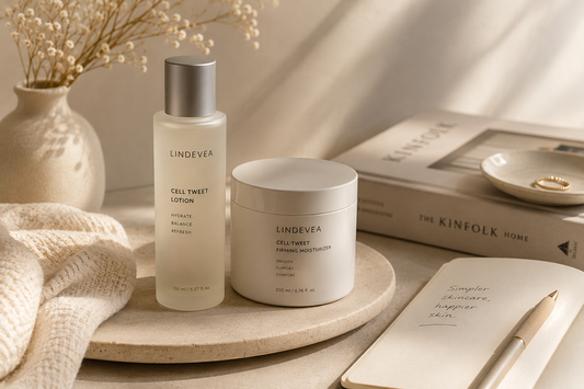Minimal skincare products on a soft neutral surface representing a simple routine and calmer skin after doing less.