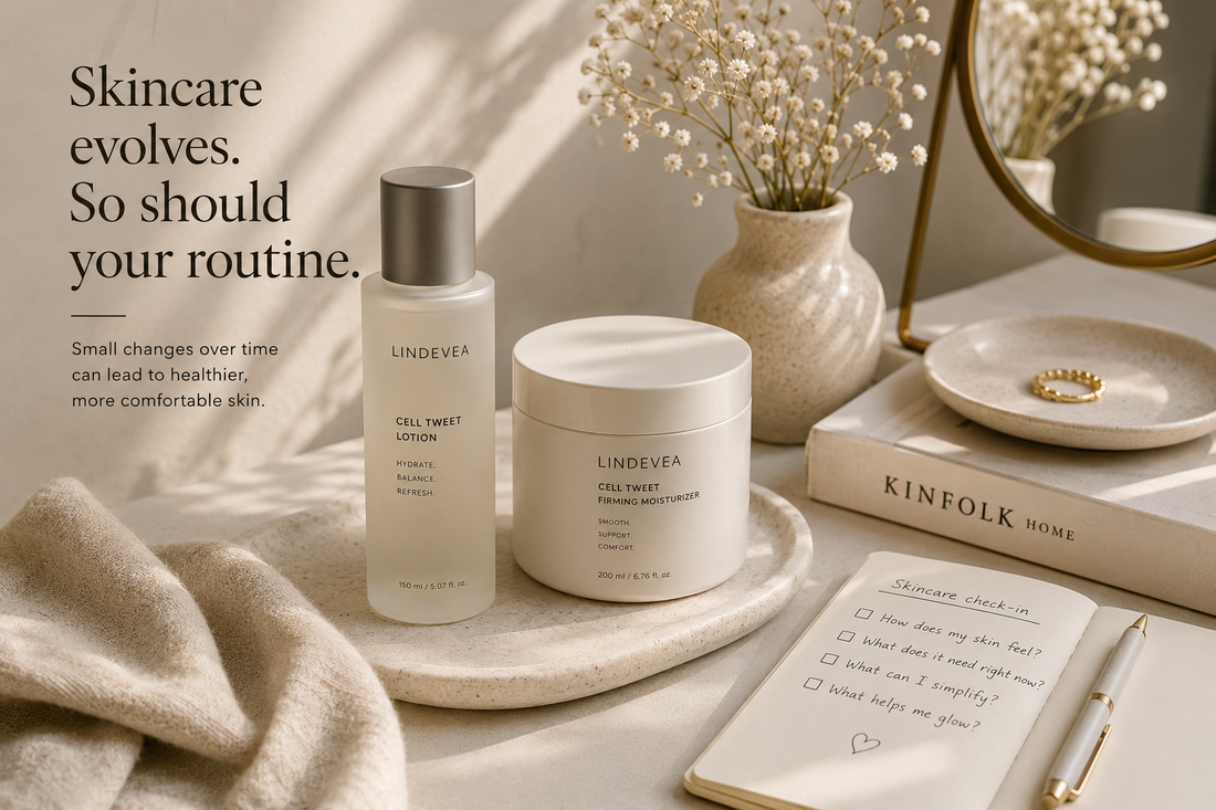 Elegant skincare products on a soft neutral vanity table representing a calm skincare routine that evolves naturally over time.