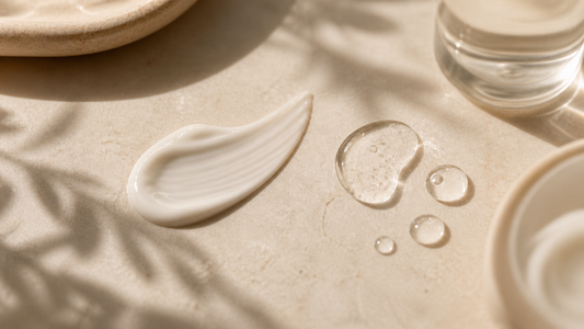 Close-up of skincare textures including cream and serum on a neutral background representing daily skin changes and routine consistency