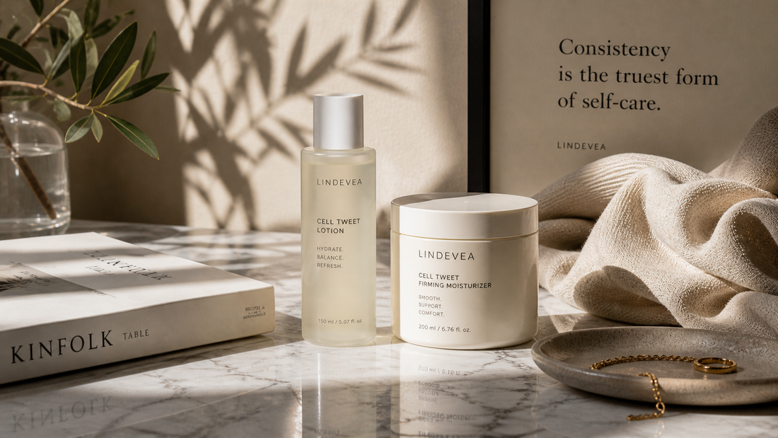 Premium skincare products on marble surface with soft natural light representing consistency and long-term skincare routine