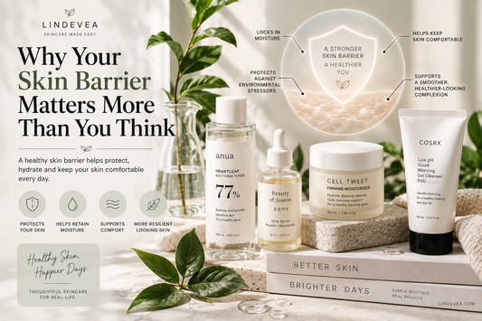 Korean skincare products arranged with water, botanical leaves, and soft protective textures representing skin barrier support and everyday skin health.