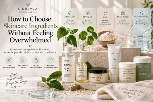 Korean skincare products displayed alongside botanical ingredients, rice, leaves, and water-inspired elements representing a simple guide to understanding skincare ingredients.