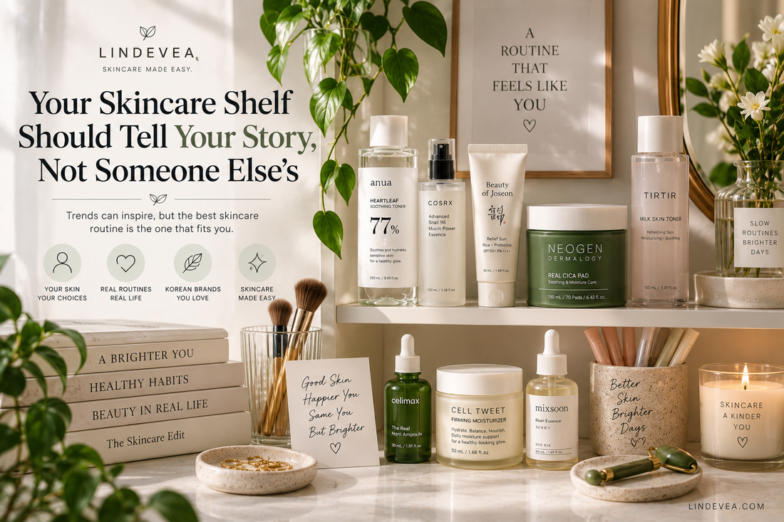 Curated Korean skincare shelf with different products, books, botanical details, and personal objects representing an individual and thoughtful skincare routine.