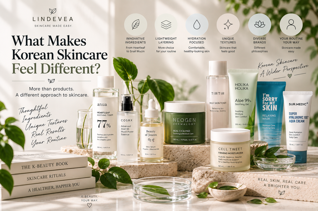 Curated Korean skincare products displayed with lightweight textures, botanical ingredients, water elements, and layered skincare steps representing the philosophy of K-beauty.
