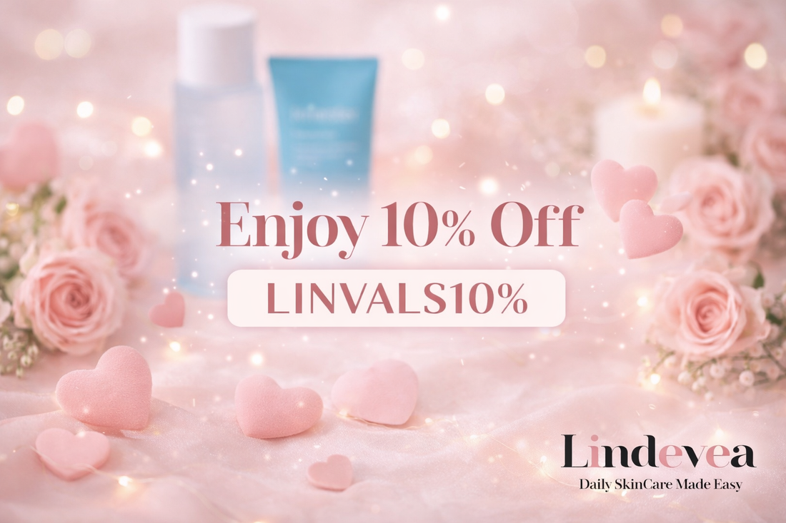 valentine skincare discount banner with visible discount code and soft pink aesthetic